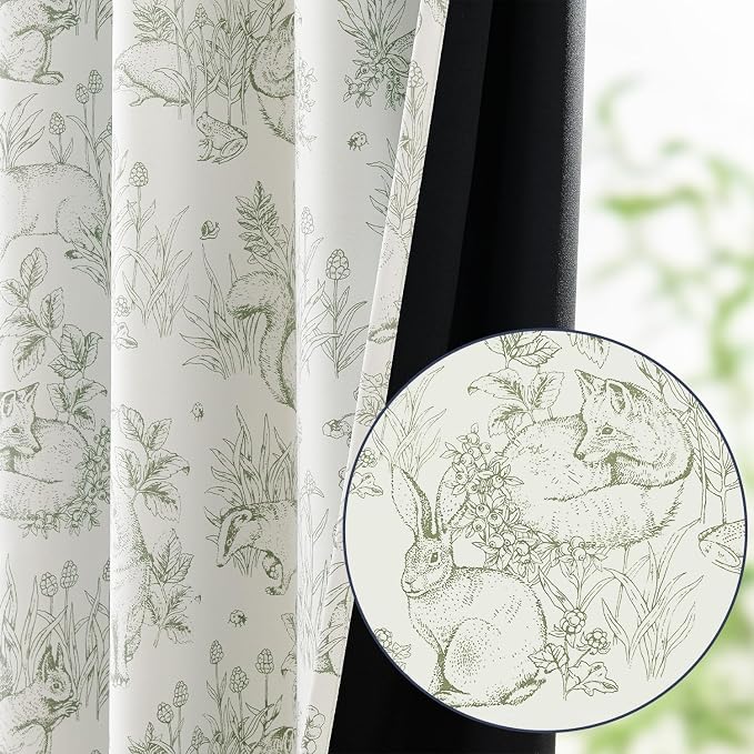 jinchan Green Blackout Curtains W38xL84 Whimsical Back Tab 2 Panels | Room darkening,nursery kids bedroom,privacy,whimsical,cottagecore,bunny pattern,botanical,nature-inspired decor