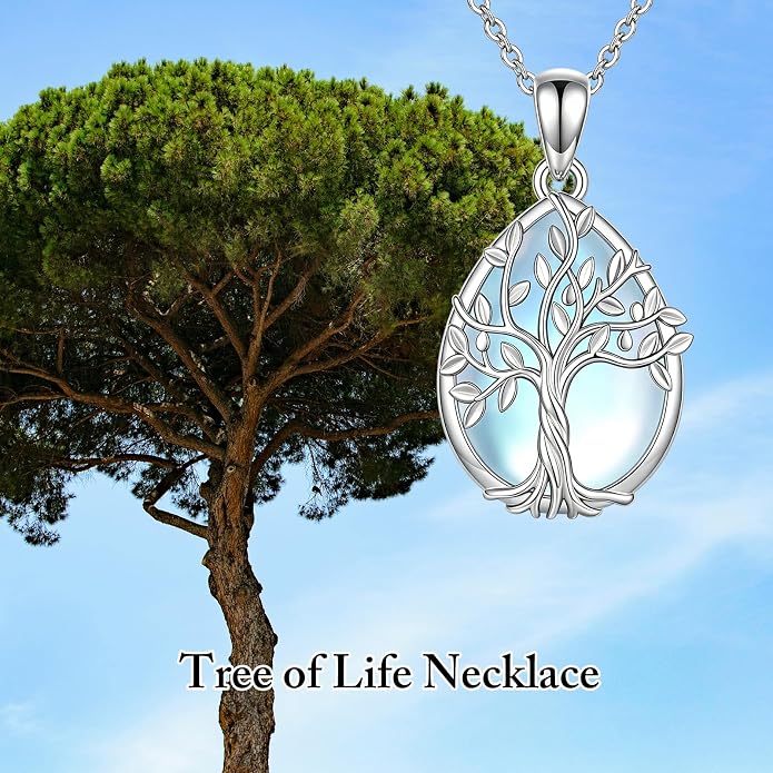 Tree of Life Birthstone Necklace 925 Sterling Silver Crystal Tree of Life Pendant Birthstone Jewelry Birthday Christmas Gifts for Women Mom Her Wife