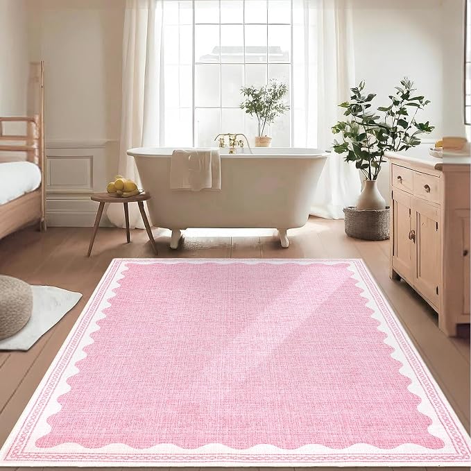 6x9 Scalloped Area Rugs Pink Washable Living Room Bedroom Rug | Solid Tan Rug for Bedroom Girls, Non Slip Throw Carpet With Rubber Back, Soft Dorm Nursery Scalloped Rugs for Dining Room
