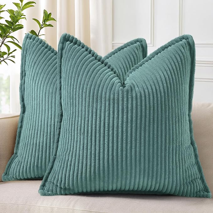 decorUhome Fall Corduroy Turquoise Throw Pillow Covers 26x26 Set of 2 | Euro Sham Couch Decorative Soft Modern Boho Farmhouse Pillow Covers Broadside Striped Pillow Cases for Living Room Bed Sofa