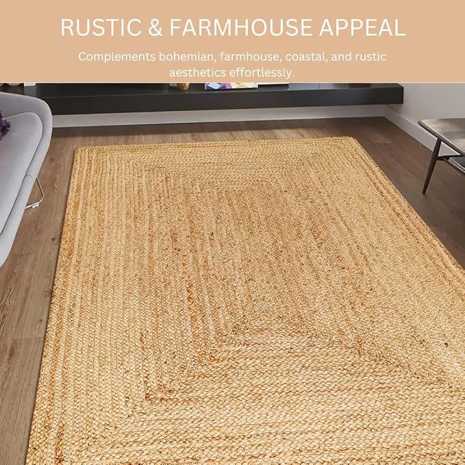 Handcrafted Jute Braided Rug 4x6 Feet - 100% Natural Jute Area Rug - Rustic Farmhouse Boho Accent Rug for Living Room Bedroom Kitchen Hallway Entryway Reversible Handwoven Floor Rug