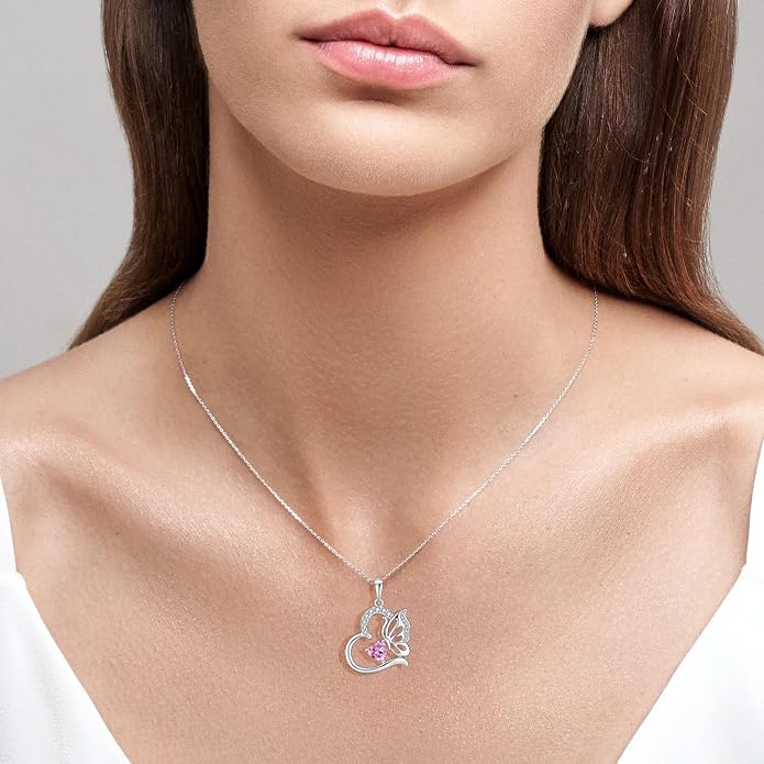 Butterfly Necklace for Women 925 Sterling Silver Heart Pendant Birthstones Jewelry Gift