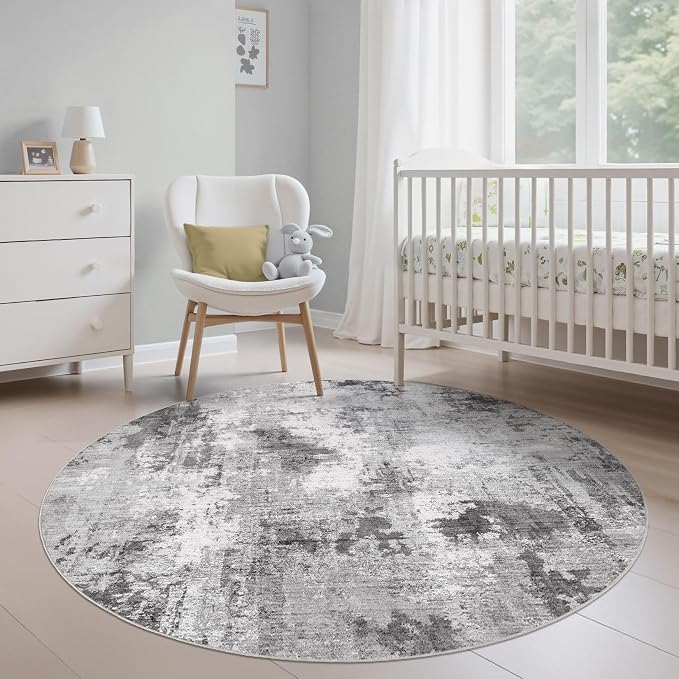 Abstract 5FT Round Rug: Machine Washable Non Slip Ultra Thin Low-Pile Carpet, Soft Stain Resistant for Living Room Bedroom Nursery, Kid Pet Friendly, Robot Vacuum Compatible - Grey