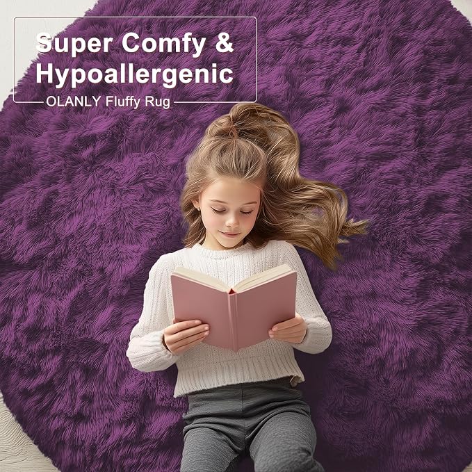OLANLY Dark Purple Round Rugs for Bedroom - Machine Washable, 3 ft Circle Area Rugs for Living Room, Soft and Fluffy Shaggy Carpet for Teen Girl and Boys, Nursery Rooms, Dorms, Home Decor Aesthetic