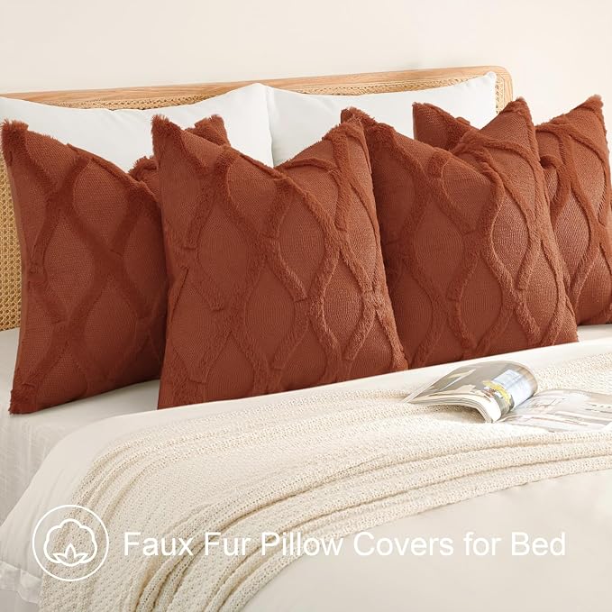 decorUhome Set of 4 Faux Fur Rust Throw Pillow Covers 18x18 | Neutral Decorative Soft Plush Couch Pillow Covers, Farmhouse Pillow Cases for Living Room Bed Sofa