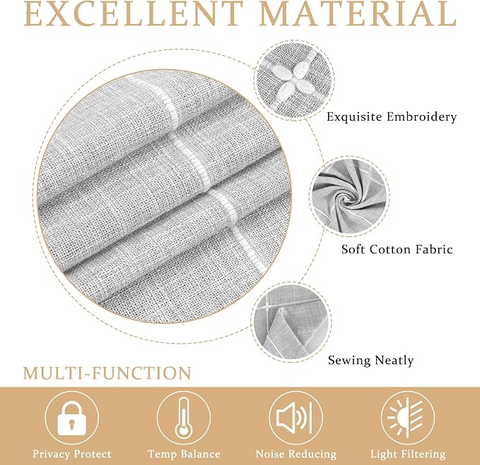 ColorBird Farmhouse Semi-Blackout Window Curtains 2 Panels Embroidery Lattice Cotton Linen Darkening Curtains with Tassel Rod Pocket Window Drapes for Dining Living Bedroom (52" W x 84" L, Grey)