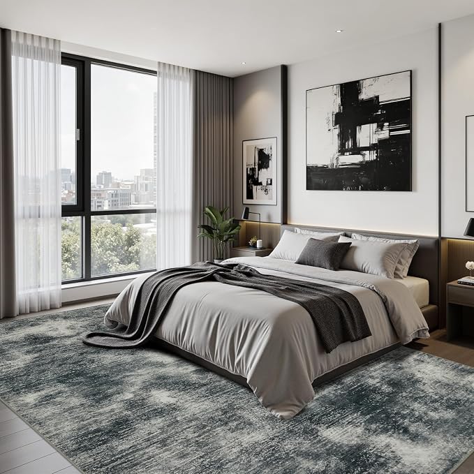 Joydeco 5x7 Area Rugs for Living Room, Non-Slip Modern Abstract Soft Washable Rug, Low Pile Carpet for Bedroom, Dining Room, Home Office, Pet & Child Friendly, Light Gray & White & Dark Gray