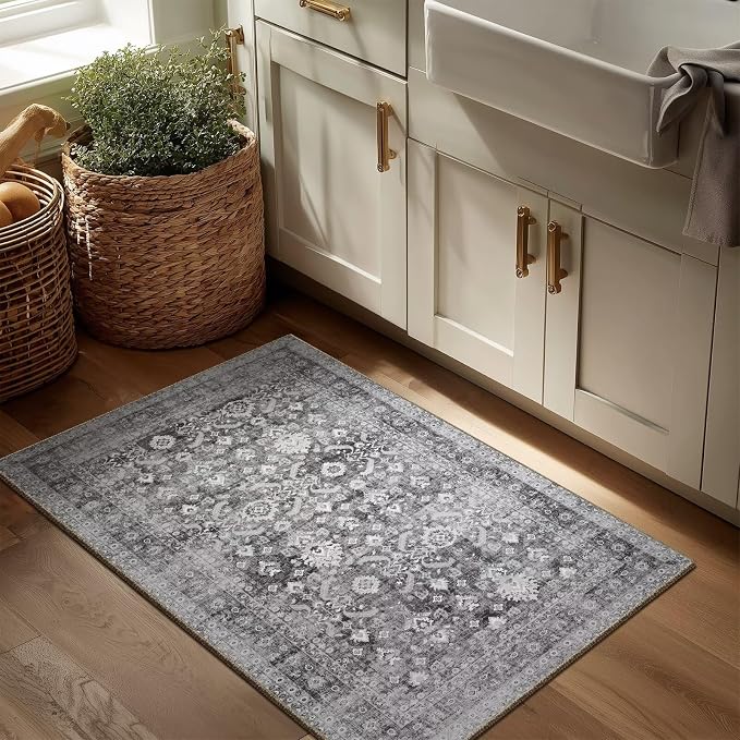 Washable 2x3 Entryway Rug, Boho Vintage Non-Slip Door Mat, Grey | 0.3" Neutral Throw Small Rugs for Bedroom Kitchen Nursery Entrance, Cushioned for High-traffic Area