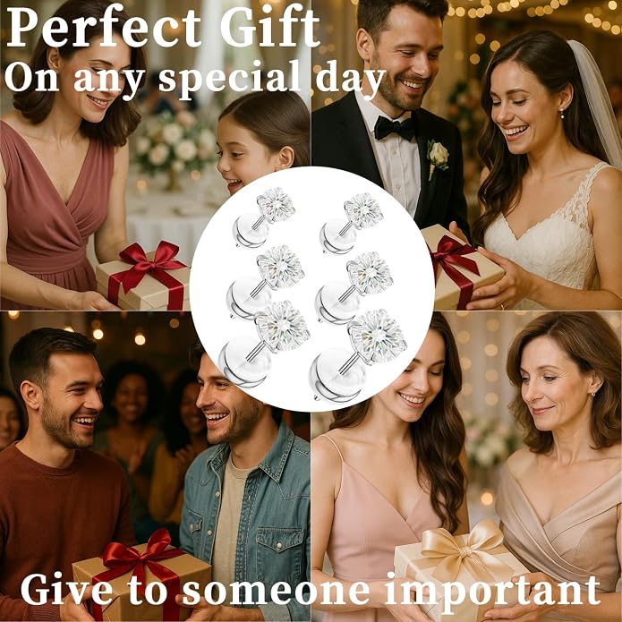 Moissanite Stud Earrings in 14K White Gold Plated Titanium | HypoAllergenic Earrings for Women & Men