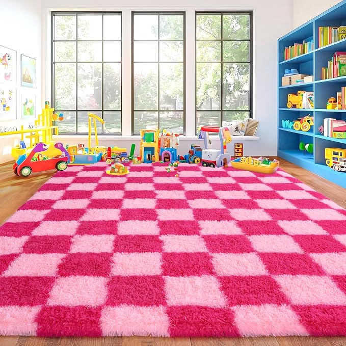 Pionblank Checkered Rug for Living Room, Modern Soft Shag 6x9 Area Rugs, Plush Fuzzy Carpet for Bedroom Girls Boys Room Home Nursery Teens Dorm Decor, Hot Pink