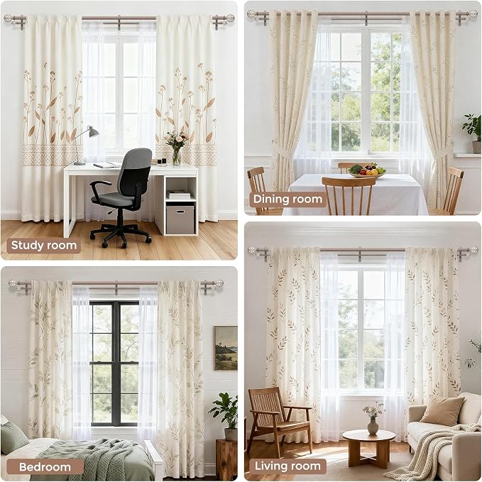 Boho Decorative Double Curtain Rod, 36-122 Inch, Weathered Wood | Handmade Wood Grain Leaf Finials, Heavy Duty Adjustable Long Rustic Metal Dual Layer Rods, 40 lb Capacity, Easy to Install