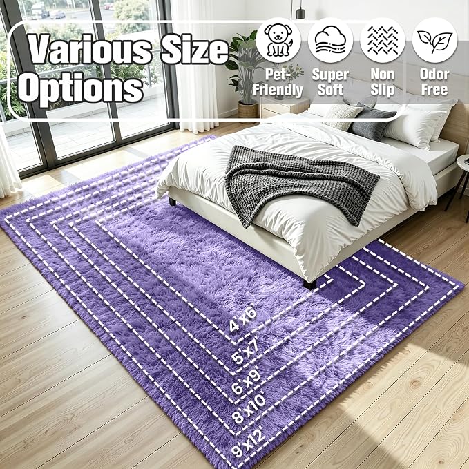 8x10 Area Rug for Living Room, Ultra Soft Fluffy Purple Rugs for Bedroom, Non Slip Large Shag Carpet, Fuzzy Plush Nursery Rug, Thick Washable Indoor Floor Carpets for Kids Office Dorm Home Decor