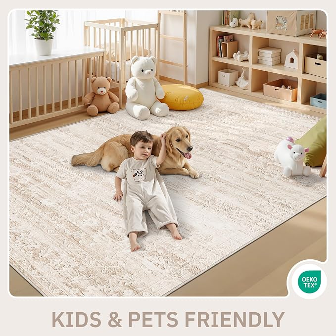 Soalmost 8x10 Area Rugs for Living Room, Washable Neutral Rug Beige Ivory | Vintage Floral Soft Stain Resistant Non-Slip Low Pile Thin Carpet for Dining Room Bedroom Kitchen Home Office Nursery 8'x10'