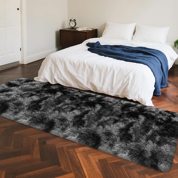 2x8 ft Plush High Pile Black Tie-Dyed Rug Fluffy Soft Runner Bedside Rug for Bedroom Living Room Hallway Nursery Kids Home Decor Shag Carpet