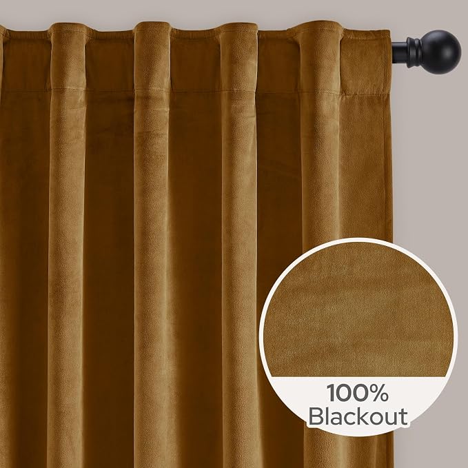 HOMEIDEAS 100% Blackout Gold Velvet Curtains, Thermal Insulated Luxury Vintage Winter Christmas Velvet Drapes for Bedroom, Living Room, Home Decor, 52 x 108 Inch, 2 Panels