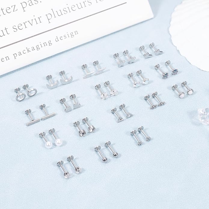 NICEIGHT 18Pairs 20G 316L Stainless Steel Threadless Push in Stud Earrings for Women Men Flat Back Cartilage Stud Earring Helix Tragus Stud CZ Heart Moon Star Ear Stud Piercing Jewelry