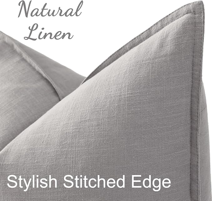 decorUhome Fall Light Grey Linen Throw Pillow Covers 24x24 Set of 2 | Decorative Soft Cozy Modern Farmhouse Boho Accent Pillow Cases with Flange Edges for Couch Bed Sofa Living Room Home Decor