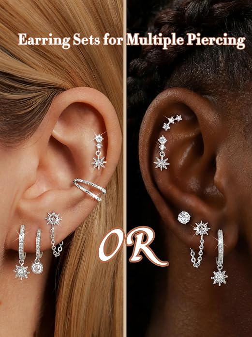 Dochais Flat Back Cartilage Earrings for Women Trendy Dainty CZ Flatback Studs Earing Sets 14k Gold Plated Hypoallergenic Huggie Hoops Earring Stacks for Multiple Piercing
