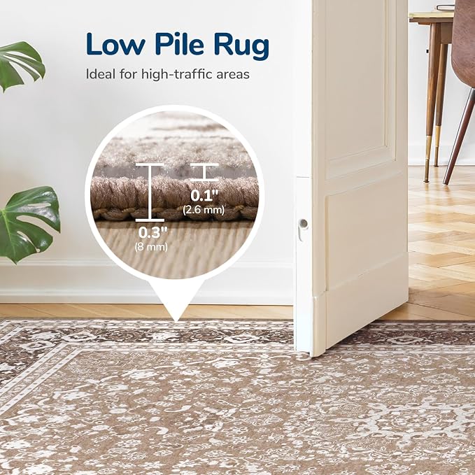 Lessymo 5x7 Area Rugs 5x7, Machine Washable Area Rugs, Super Soft Faux-Wool Area Rug for Living Room Bedroom, Boho Area Rug Vintage Floral Medallion, Non-Slip Low Pile, Kid & Pet Friendly,Brown White