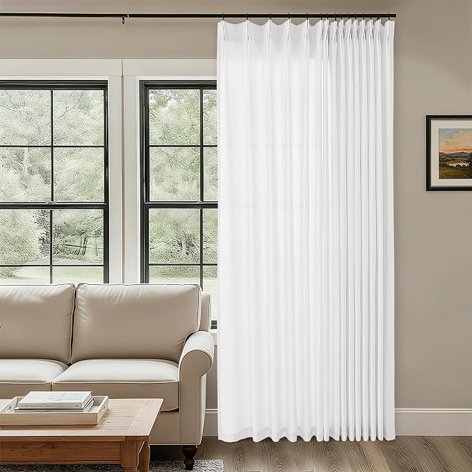 White Extra Wide Pinch Pleated 100 x 108 Inch Curtains Semi Sheer | Light Filtering, Linen Curtains, for Living Room Patio Glass Sliding Door, Window Curtain, Pleat Drape, Back Tab, 1 Panel