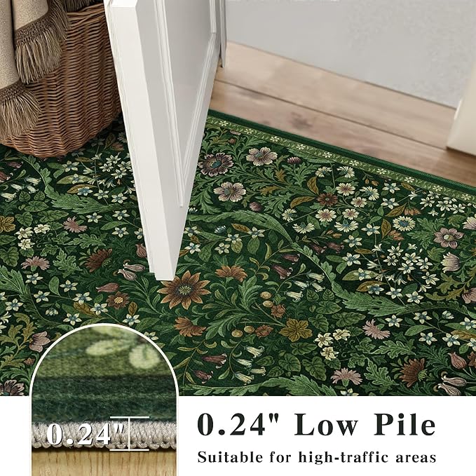 10x14 Dark Green Vintage Floral Area Rug,Washable Large Boho Living Room Rugs,Botanical Print Non-Slip Stain Resistant Lightweight Carpet for Bedroom Dining Room Nursery