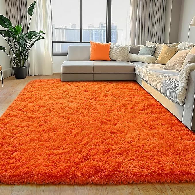 Orange Shag Rug for Bedroom, 4x5.9 Fluffy Area Rugs for Living Room | Soft and Comfy, Fuzzy Bedside Carpet for Nursery and Kids Room, Girls, Boys Dorm Home Decor Aesthetic, Upgrade Non Slip