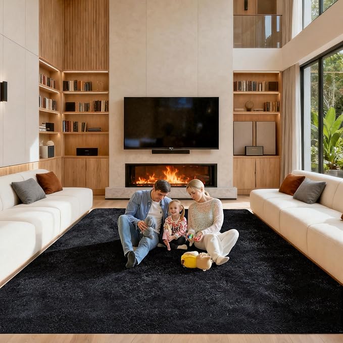 Black Area Rugs 9x12 Living Room, Large Fluffy Rugs for Bedroom, Fuzzy Shag Soft Non-Slip Carpet for Kids Girls and Boys Nursery Dorm Indoor Room Home Decor (9ft X 12ft, Black)