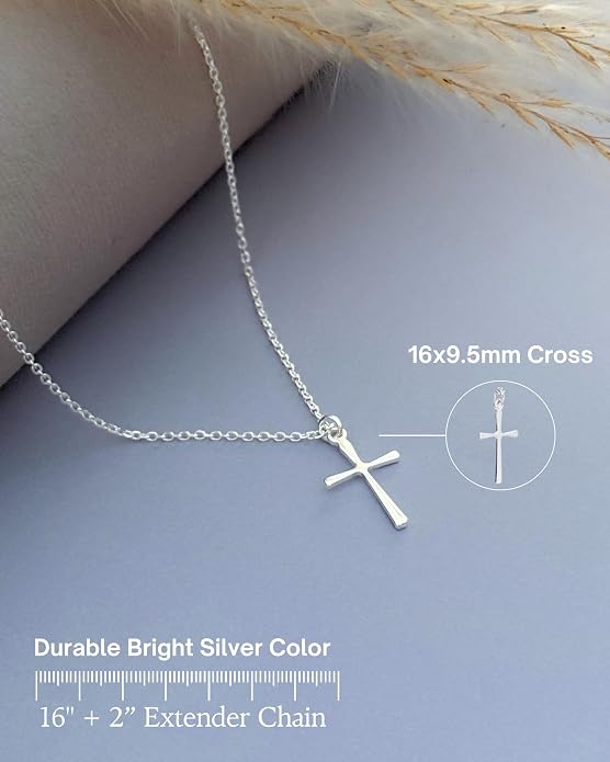 Annika Bella Cross Necklace for Women, 16-18 Inches Silver/Gold Chain, Women's Small Simple Cross Necklaces Religious Charm Jewelry, Faith Gift for Her