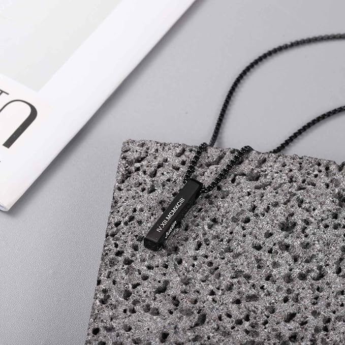 Personalized Men Necklace: Custom Chains For Men, Black 3d Bar Name Pendant, Engraved Necklace for Men, Gift For Dad, Husband, Boyfriend