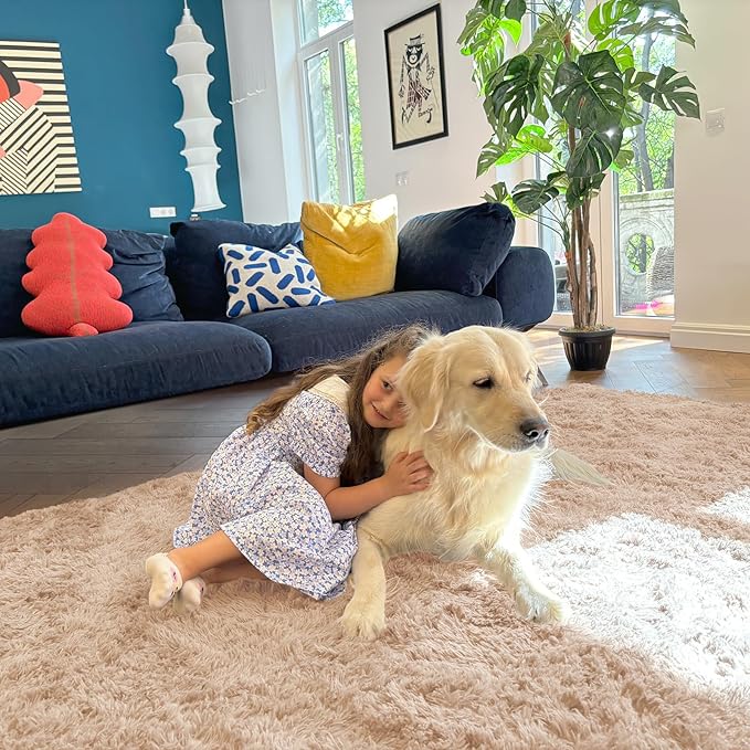 OLANLY 4x4 Machine Washable Accent Rug, Soft Fluffy Shaggy Area Rug for Bedroom, Living Room, Indoor Floor Carpet for Kids, Nursery, Home Decor, Beige