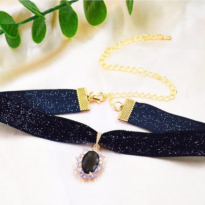 MOMOCAT 14K Gold Plated Sapphire Imitation Velvet Choker Necklace for Women Thick Chokers Birthstone Chocker Vintage Pendant Necklaces Chockers for Women Teen Girls Princess Costume Jewelry Aesthetic