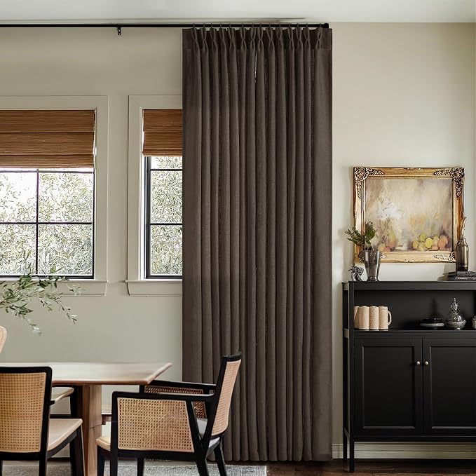 Dark Chocolate 102 Inch Pinch Pleated Semi Sheer Linen Curtains 2 Panels | for Living Room Bedroom, Memory Training Shaped, Light Filtering, Pinch Pleat Drapes with Hooks Rings, Window Curtains 40x102