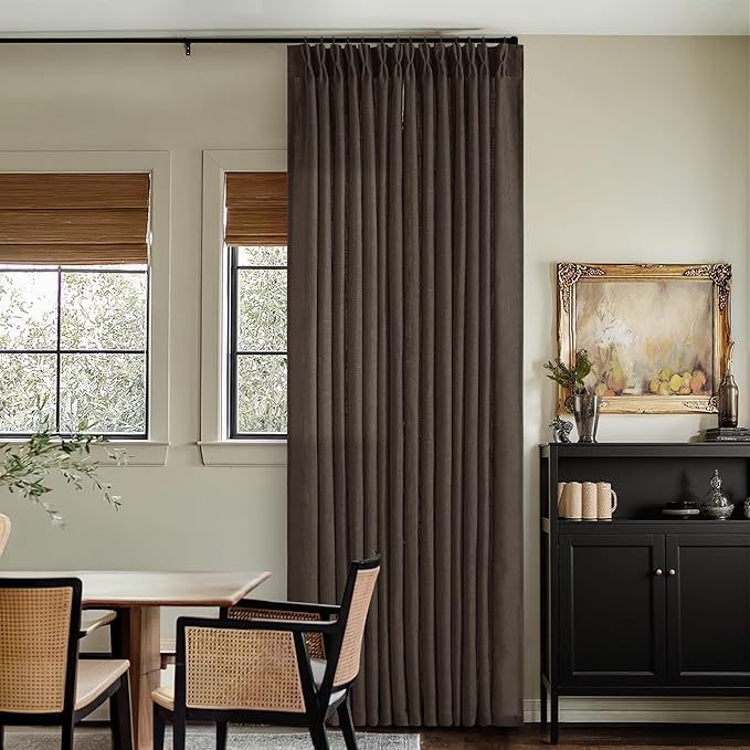 Dark Chocolate 96 Inch Pinch Pleated Semi Sheer Linen Curtains 2 Panels | for Living Room Bedroom, Memory Training Shaped, Light Filtering, Pinch Pleat Drapes with Hooks Rings, Window Curtains 40x96