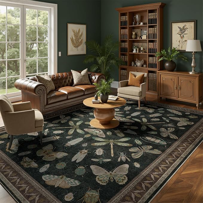 DCX 8x10 Washable Insect Rug, Vintage Gothic Black Rug with Non-Slip Rubber Backing, Soft Low-Pile, Stain-Resistant, Kid & Pet Friendly, for Living Room, Bedroom, Office, and Nature-Themed Decor