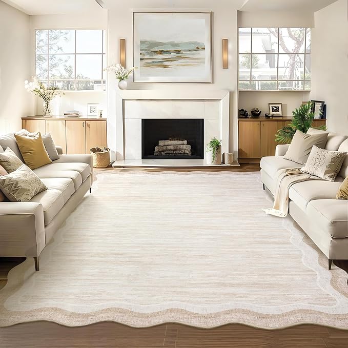 Garvee Scalloped 9x12 Area Rugs for Living Room Large Washable Rugs,Neutral Solid Rug Stain Resistant Non Slip Floor Mat Carpet Indoor Accent Rug for Bedroom Dining Room Playroom Home Decor,Cream | Girls Rug for Bedroom, Non-Slip Soft Carpet for Bedroo...
