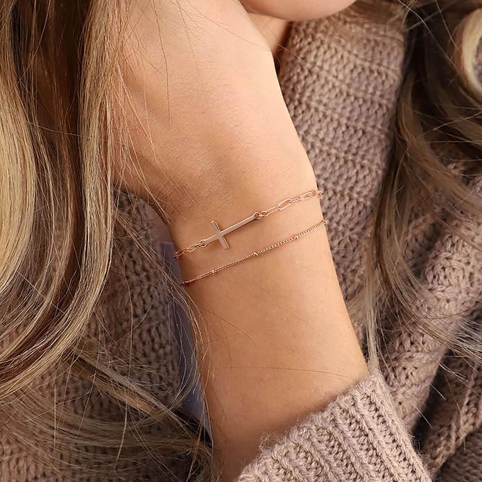 Dainty Gold Bracelets for Women, 14K Gold Plated Adjustable Layered Beads Bracelet Cute Evil Eye Oval Chain Pearl Bar Turtle Gold Bracelets for Women Jewelry