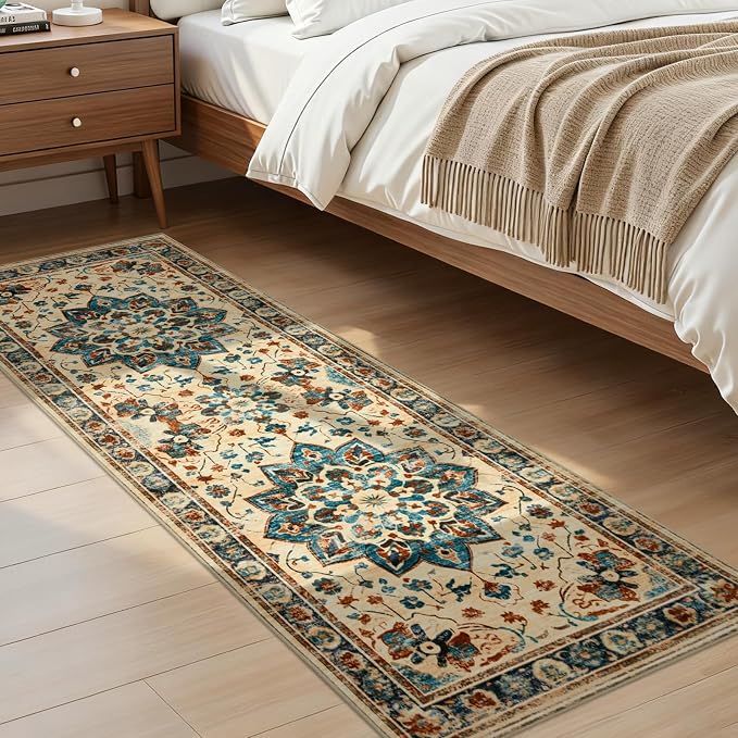 Joydeco Washable 2x6 Hallway Runner Vintage, Beige & Blue & Reddish-Brown | Water Resistant Low Pile Non Slip Backing for Kitchen Entryway Bedroom Bathroom Dining Room