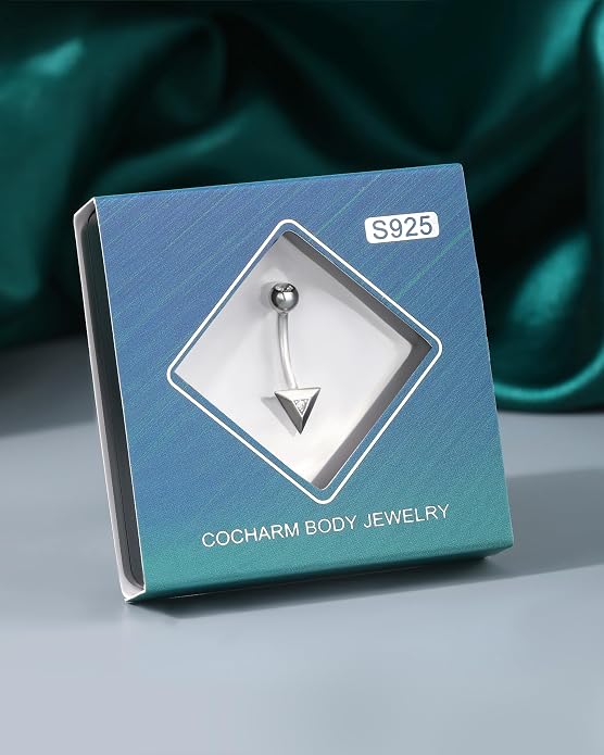 COCHARM 14K Gold Plated925 Sterling Silver Belly Button Ring Gold Filled Triangle Belly Navel Ring Cute 14g Unique Belly Piercing Jewelry For Women Men Mini Belly Bar Nickel Free