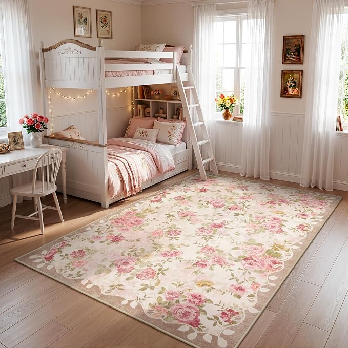 Lahome Washable Area Rug 6x9,Nursery Rug Girl Pink Dorm Rug, Vintage Girls Rugs for Bedroom Ultra-Thin Non Slip Carpet for Playroom Closet Dorm Room Decor Nina (6'X9',Beige)