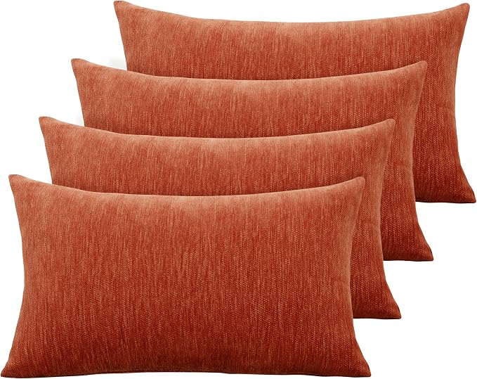 Set of 4 Rust Red Throw Pillow Covers 12x20 Inch, Neutral Boho Farmhouse Aesthetic Decorative Pillow Cases for Couch, Sofa, Living Room & Bed, Soft Chenille Pillow Cases, Stylish Home Decor, 30x50 cm