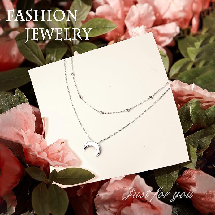 FLYOW Layered Choker Necklace S925 Sterling Silver Star Full Moon Daisy Flower Pendant Disc Jewelry Adjustable Clavicle Necklaces for Women Girls Birthday Gifts