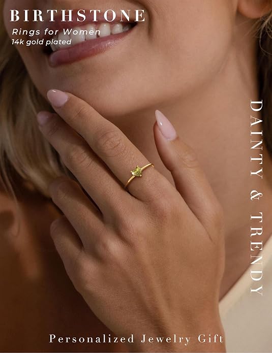 WFYOU Gold Heart Birthstone Rings for Women 14K Gold Plated Non Tarnish Stackable Pinky Cubic Zirconia Rings Emerald Dainty Gemstone Thumb Ring Band Cute Jewelry Birthday Gift Size 5-10
