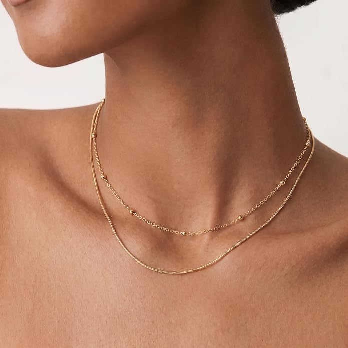 Tewiky Layered Necklaces for Women Non Tarnish- Chunky 14k Gold Plated Herringbone/Snake/Rope/Box/Cuban Link Chain for Women Waterproof Layering Stack Choker Necklace Trendy Dainty Tarnish Free Jewelry Set