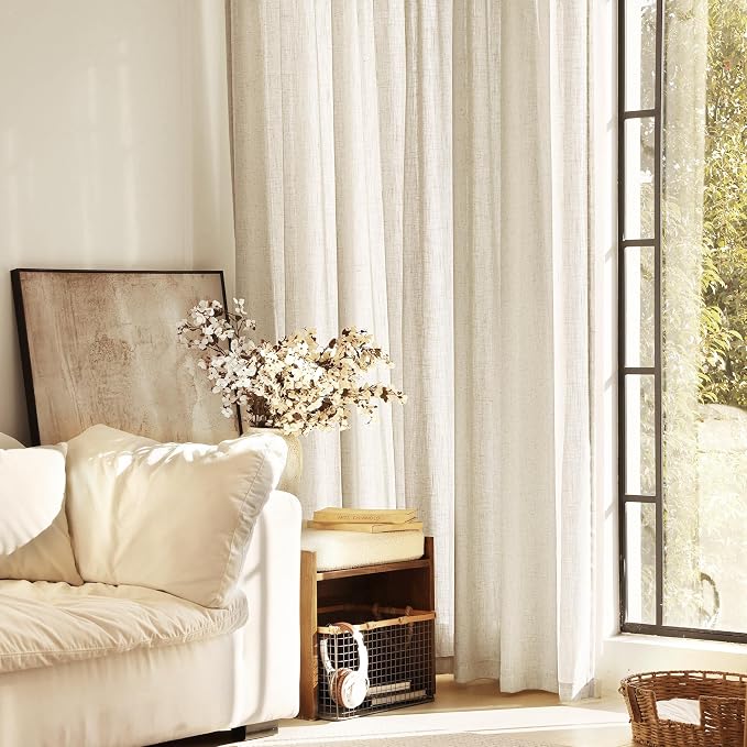 Faux Linen Beige Curtains 105 inches Long for Living Room Rustic Farmhouse Linen Drapes Semi Sheer Burlap Textured Canvas Cloth Curtain Panels Set of 2 Kahki Tan Colored