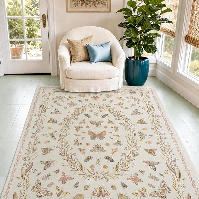 Lunasun Neutral Girl Nursery Rug 4x6 - Beige & Pink Rugs for Bedroom, Living Room - Washable Low Pile Non-Slip Charming Insect Print Vintage Girly Design, Perfect for Kids Rooms