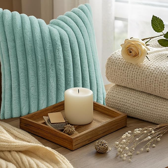 decorUhome Fall Faux Fur Throw Pillow Covers 12x20 Set of 2 Aqua | Decorative Soft Cozy Striped Plush Modern Farmhouse Boho Couch Pillow Cases Velvet Back for Sofa Bed Living Room Home Decor