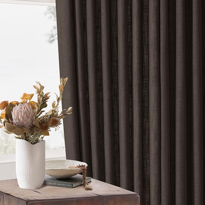 Dark Chocolate Pleated Linen Semi Sheer Curtains 45 Inch Length 2 Panels | for Kitchen Small Bay Window Basement, Pinch Pleated with Hooks Rings Back Tab, Memory Shape, Thick Linen Semi Sheer, W40xL45