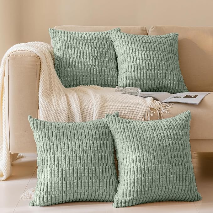 Softalker Throw Pillow Covers 16x16 Inch, Set of 4, Corduroy Soft Striped Farmhouse Boho Pillow Cover, Modern Decorative Cushion Pillow Case for Couch Sofa Bedroom Living Room, Sage Green