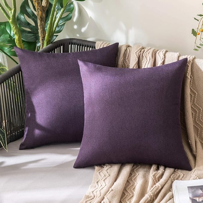 MIULEE Pack of 2 Decorative Outdoor Solid Waterproof Throw Pillow Covers Faux Linen Garden Farmhouse Cushion Cases for Patio Tent Balcony Couch Sofa 18x18 Inch Purple