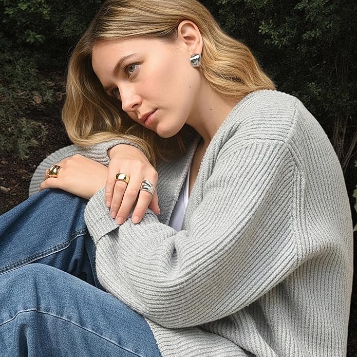 ORIGENCE Chunky Gold Silver Ring for Women 14K Gold Plated Wide Band Open Rings Tarnish-Free Thick Geometric Ring Irregular Statement Sculptural Jewelry Gift